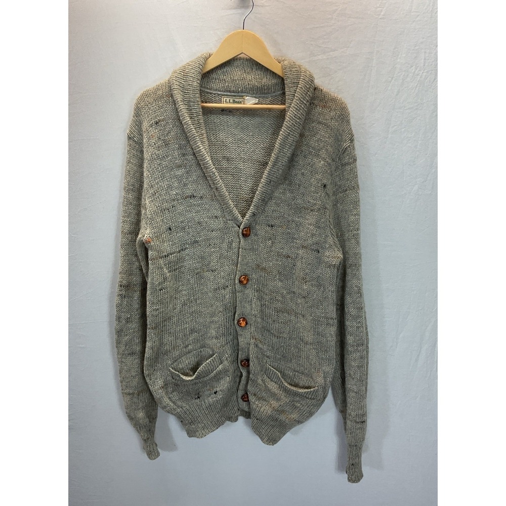 VTG 70s L.L. Bean Wool Cardigan‎ Shawlneck Beige Polka Dot Men M Arm Patch Rare